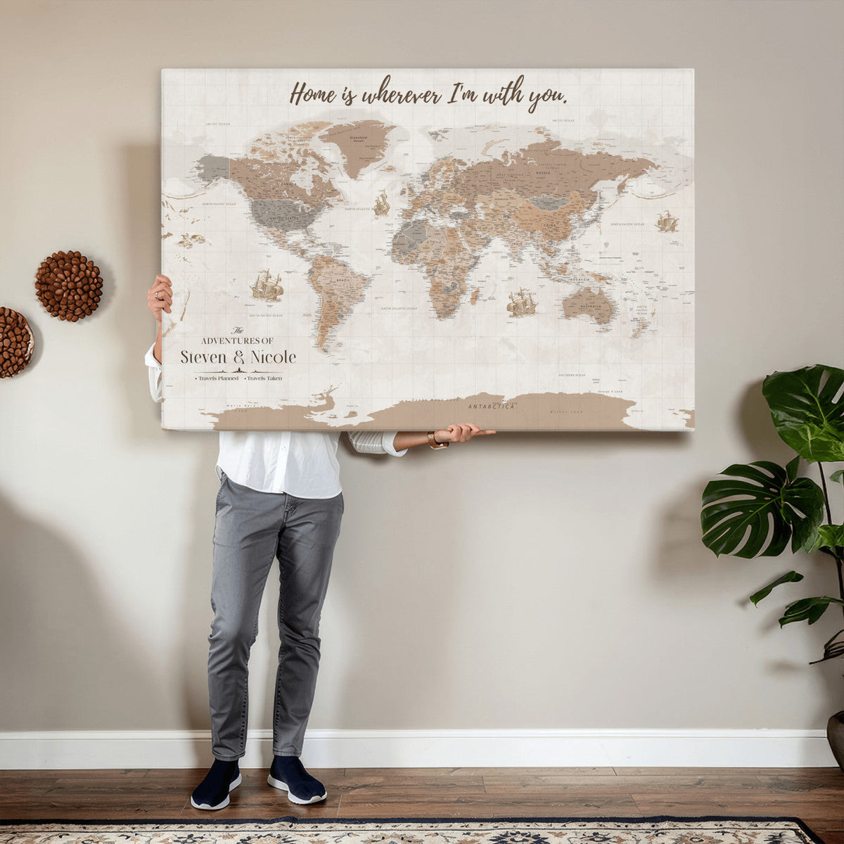 Personalized Push Pin Travel Map Canvas Print, Honeymoon and Anniversary Gift, Family Room and Hallway Decor