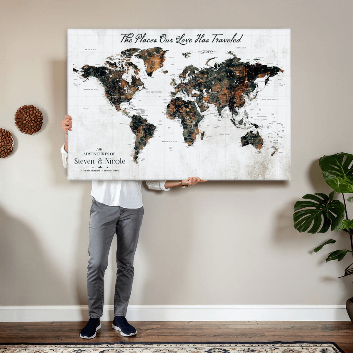 29090064-MGV-CV-36X24 - Custom Push Pin World Map Wall Art Canvas Print | Personalized Travel Tracker with Pins Framed Large for Home and Office Decor