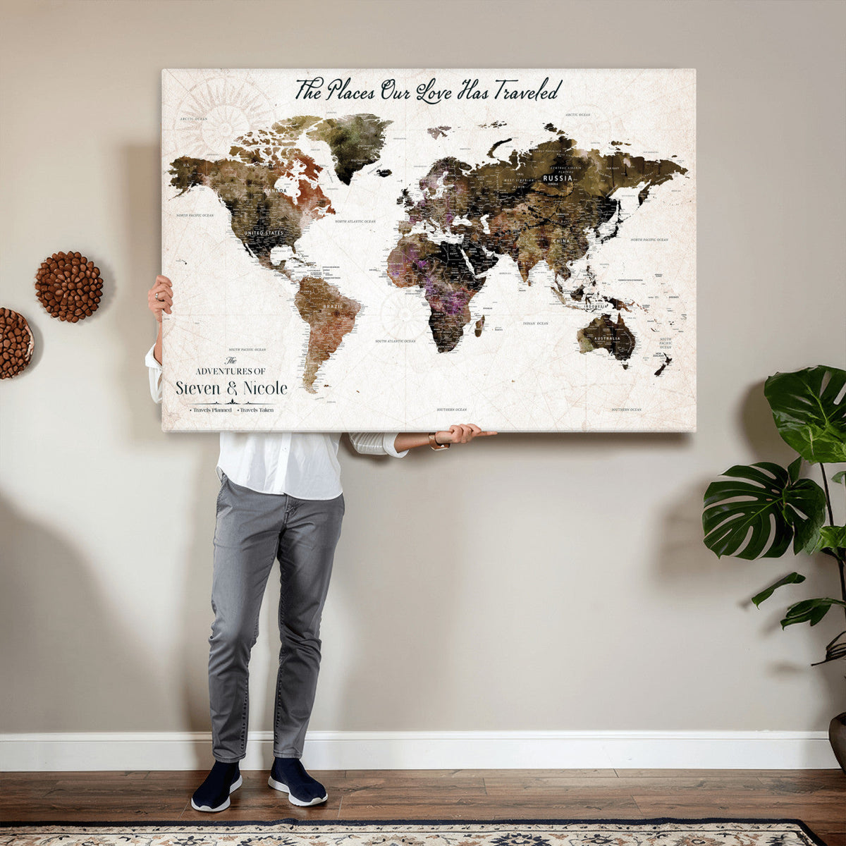 34345515-MGV-CV-36X24 - Custom Push Pin World Map Wall Art Canvas Print | Personalized Travel Tracker with Pins Framed Large for Home and Office Decor