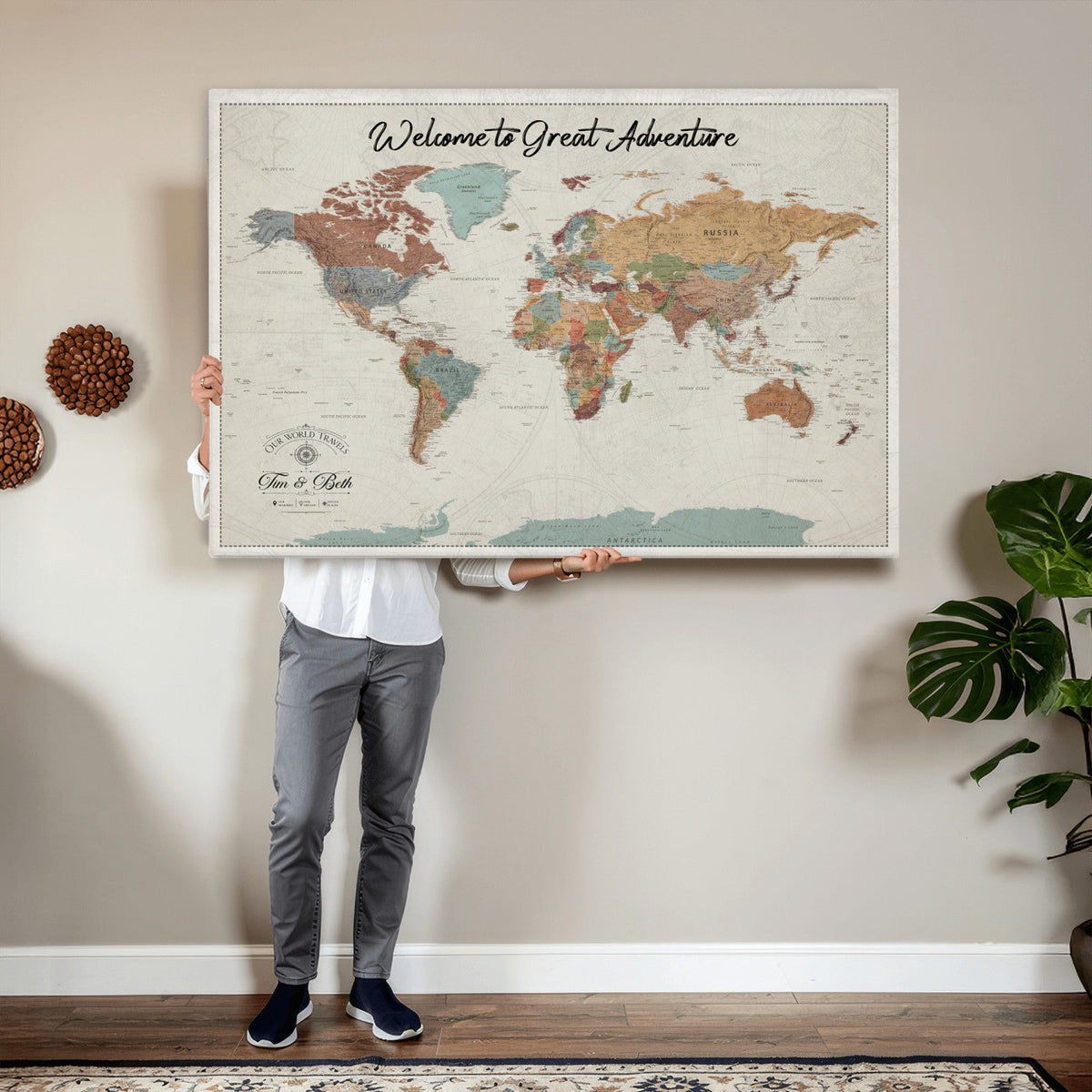 Custom Beige Push Pin World Map Canvas Print, Bucket List Map, Dining Room and Home Office Decor