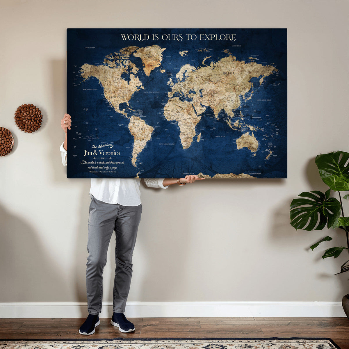 35296308-MGV-CV-36X24 - Custom Push Pin World Map Wall Art Canvas Print | Personalized Travel Tracker with Pins Framed Large for Home and Office Decor