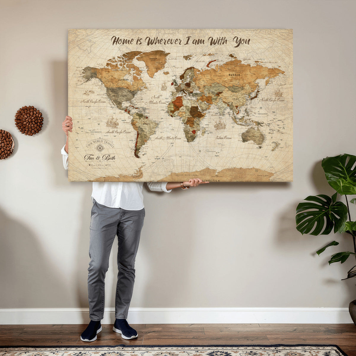Personalized Framed Black Modern Push Pin World Map Wall Art, Couples Countries Visited Map, Dining Room and Hallway Decor