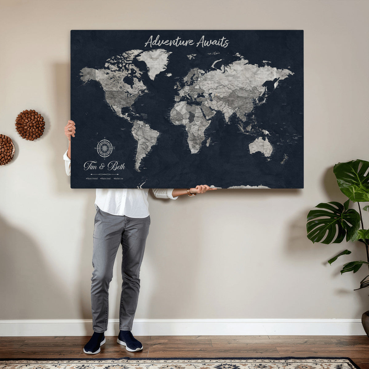 Personalized Framed Beige Vintage Push Pin World Map Wall Art, Bucket List Map, Study and Hallway Decor