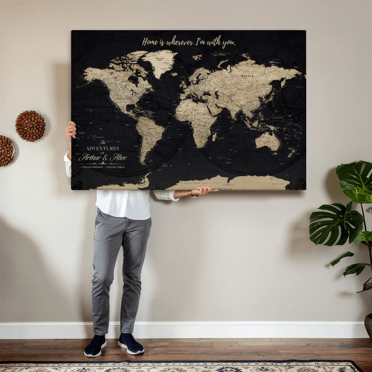 Personalized Framed Beige Modern Push Pin World Map Canvas Print, Places Visited Tracker, Family Room and Bedroom Decor