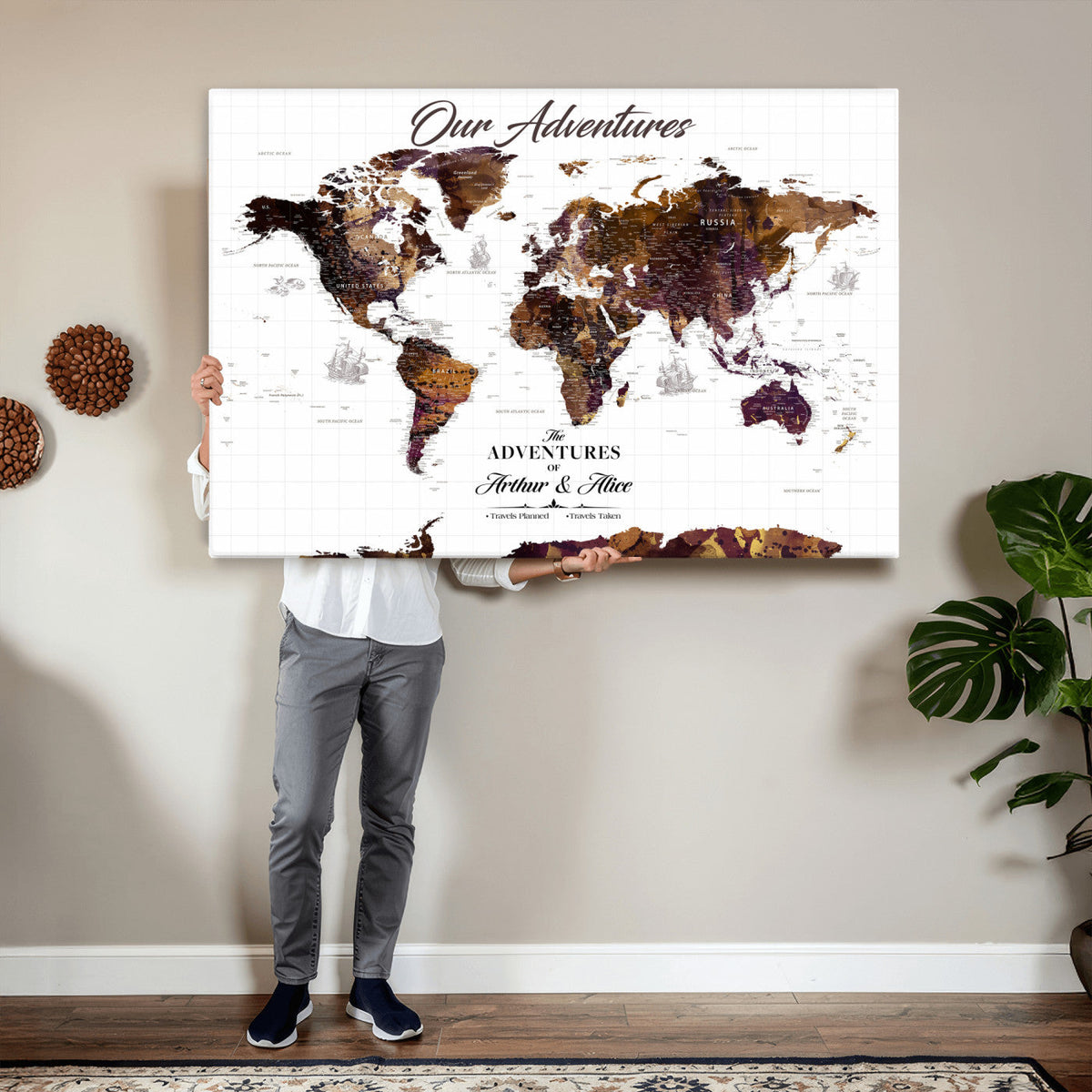Personalized Framed Beige Vintage Push Pin Travel Map Canvas Print, Next Trip Planner Map, Home Office and Entryway Decor
