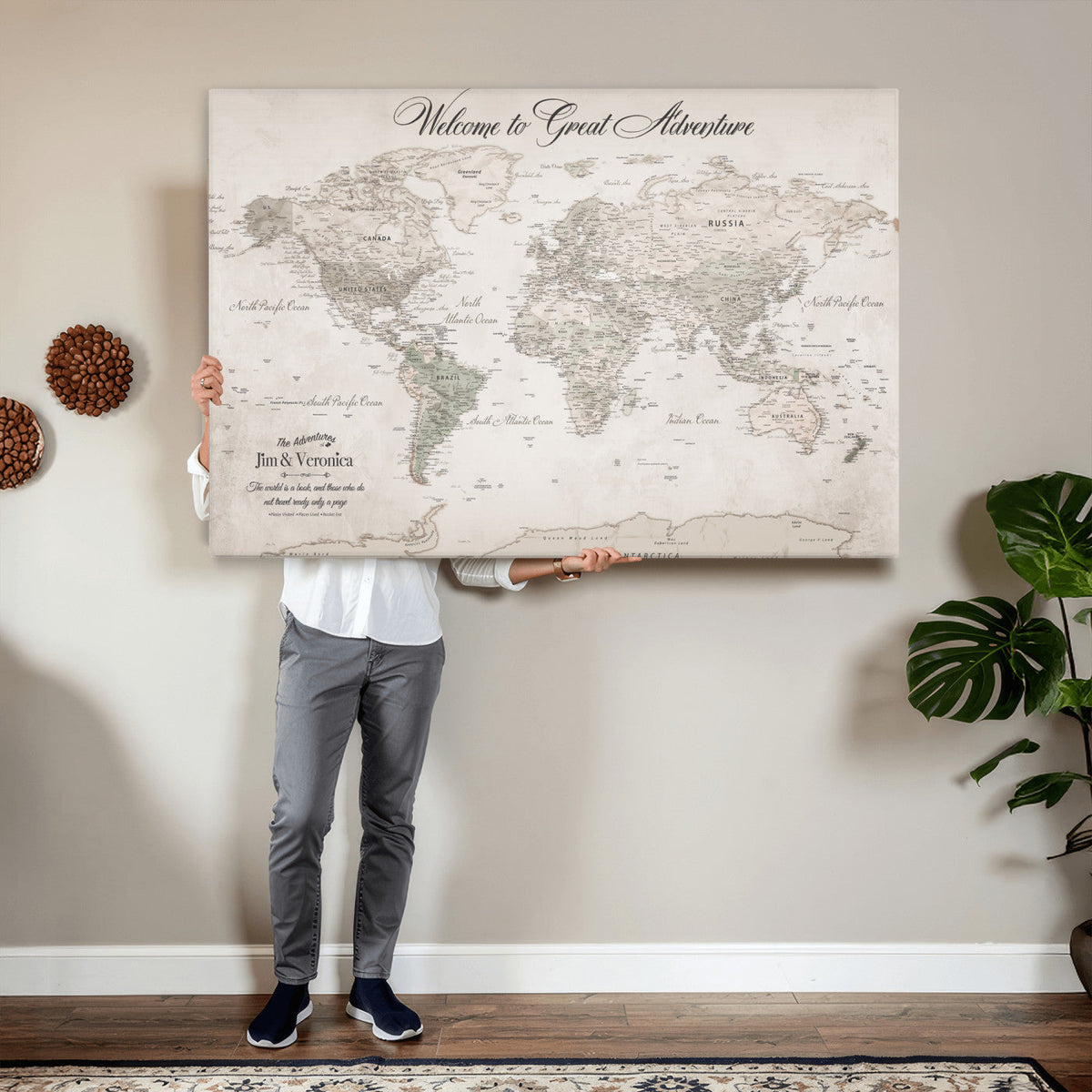 84311132-MGV-CV-36X24 - Personalized Beige World Map Canvas with Push Pins, Places Visited Tracker, Family Room and Entryway Decor