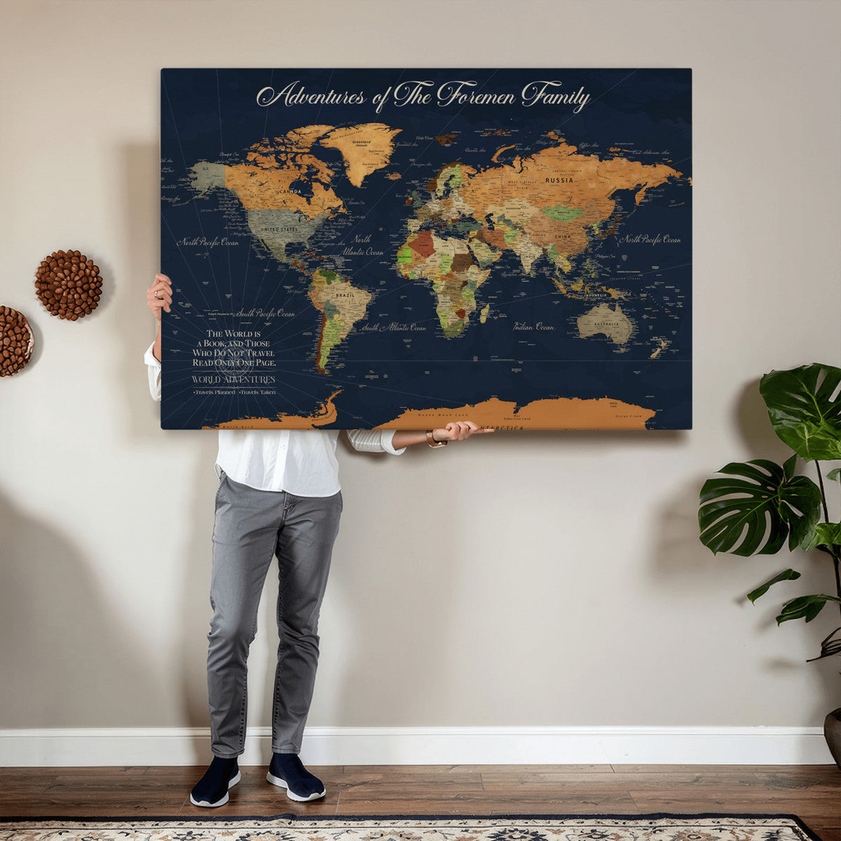 84352304-MGV-CV-36X24 - Custom Push Pin Travel Map Canvas Print, Honeymoon and Anniversary Gift, Living Room and Dining Room Decor