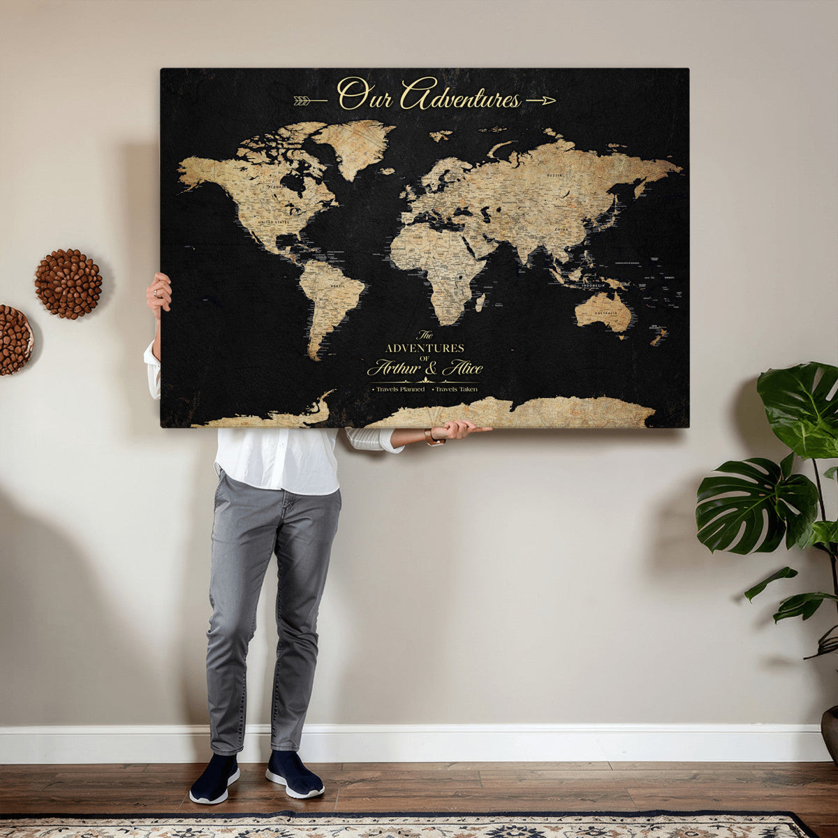 Personalized Framed Beige Push Pin World Map Canvas Print, Family Travel Tracker, Bedroom and Home Office Decor