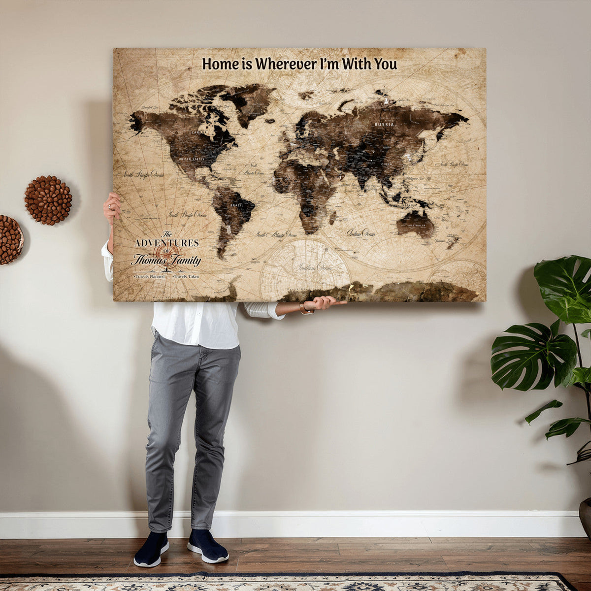 Personalized Framed Beige Modern World Travel Map Wall Art with Pins, Family Adventure Map, Living Room and Hallway Decor