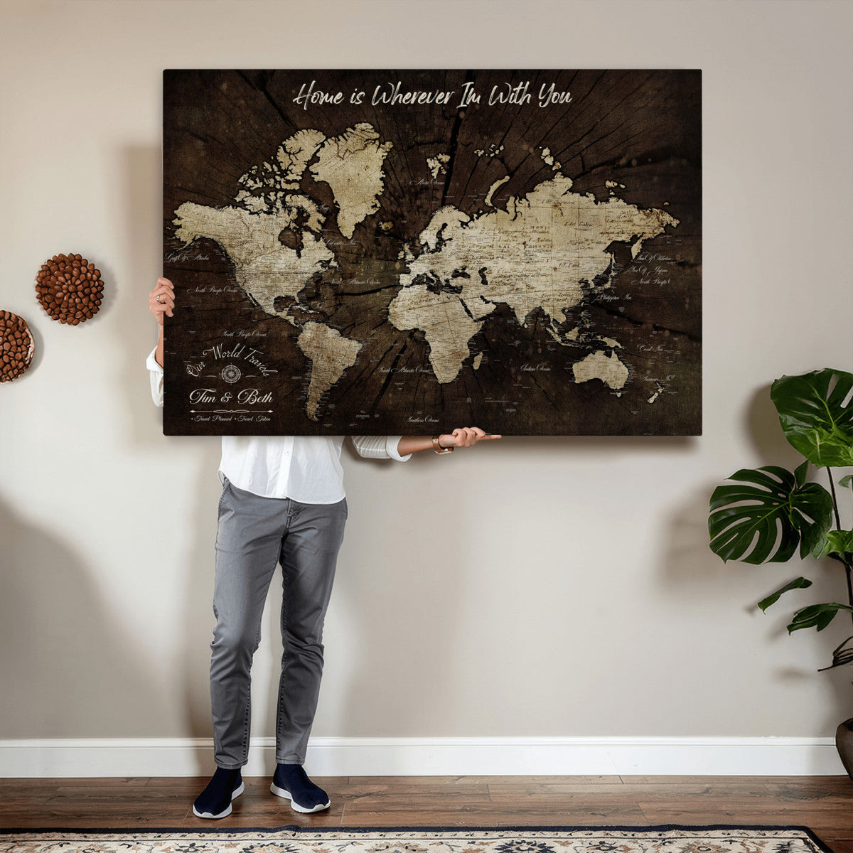 Personalized Watercolor Push Pin World Map Canvas Wall Art, Custom Framed Travel Map - NEWMAP-094