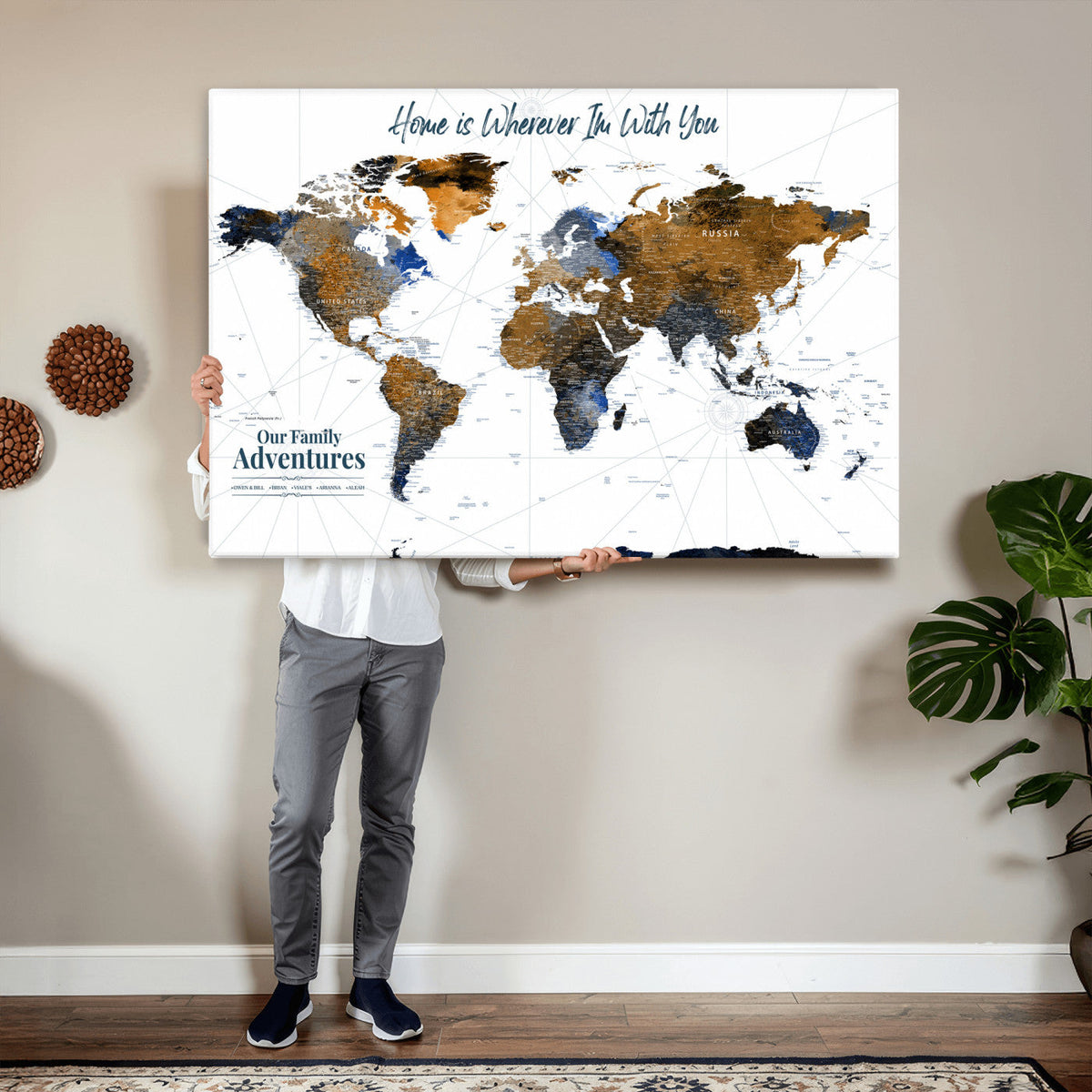 Personalized Framed Beige Modern Push Pin World Map Wall Art, Next Trip Planner Map, Family Room and Home Office Decor