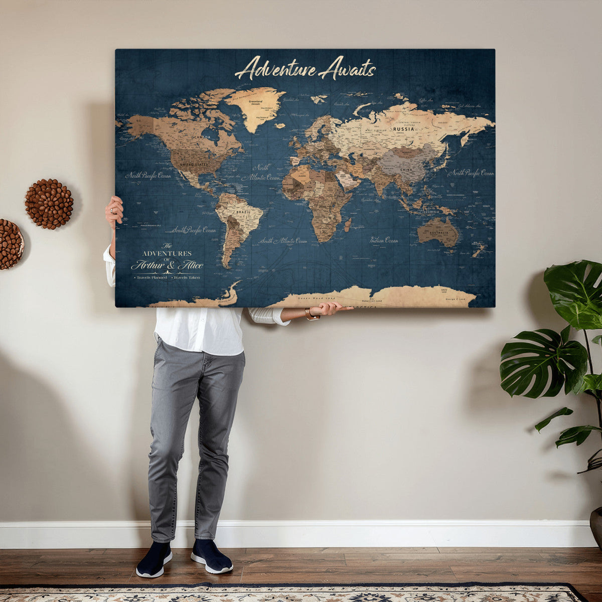 Personalized White Vintage World Travel Map Wall Art with Pins, Next Trip Planner Map, Family Room and Dining Room Decor