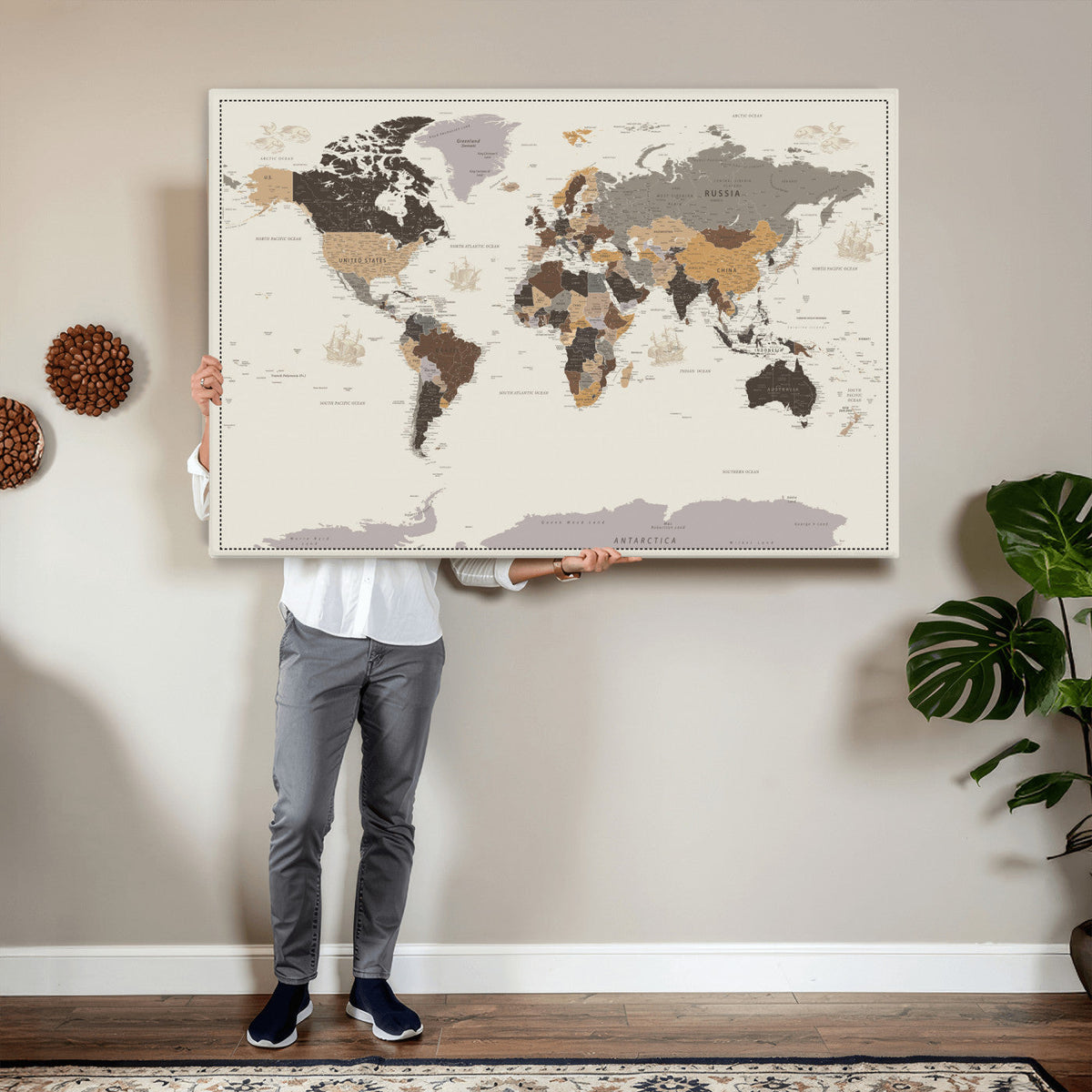58777746-MGV-CV-36X24 - Custom Beige Modern Push Pin World Map Canvas Print, Places Visited Tracker, Bedroom and Study Decor