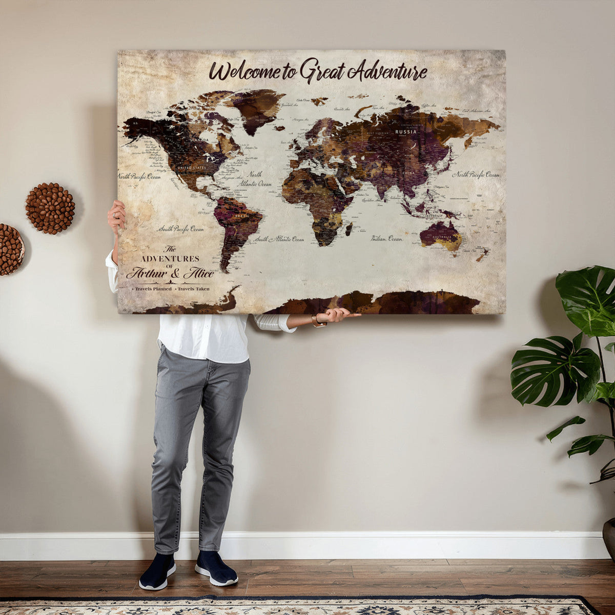 64110391126-MGV-CV-36X24 - Custom Beige World Travel Map Wall Art with Pins, Places Visited Tracker, Family Room and Entryway Decor