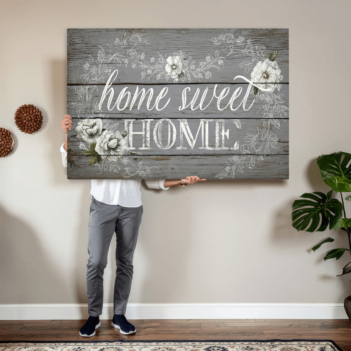 Home Sweet Home Sign Wall Art Canvas Print, Floral Farmhouse Decor