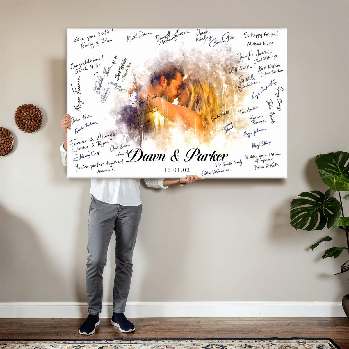 74713307-MGV-CV-36X24 - Wedding Guest Book Alternative Wall Art Canvas Print, Personalized Couple Photo Guestbook Wedding Signature Poster, Custom Couple Photo Guestbook Canvas, Bridal Shower Reception Decor