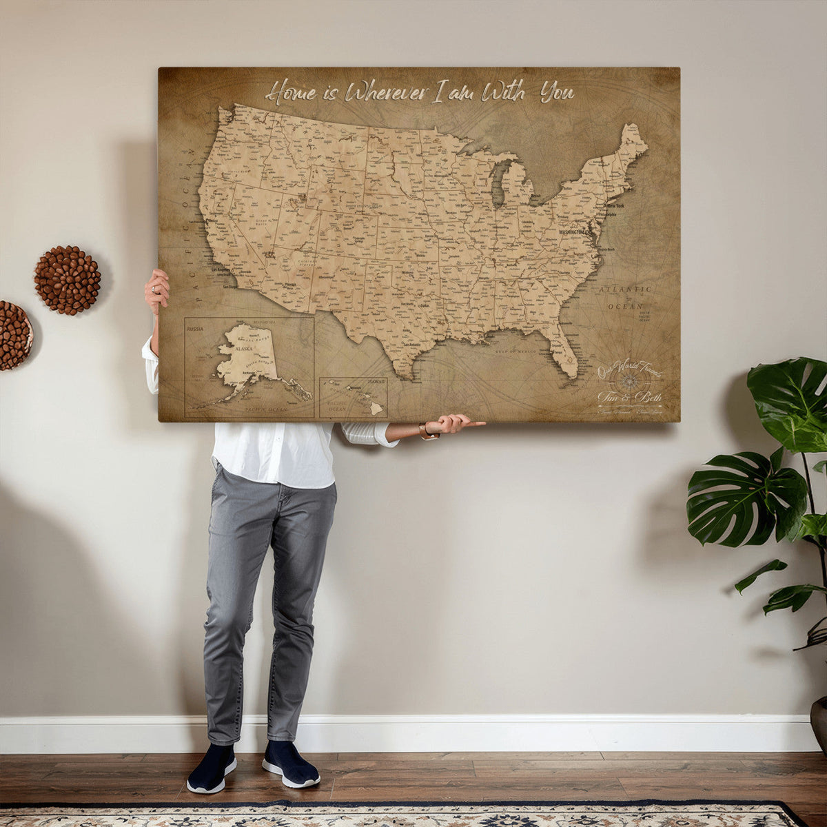 21454917-MGV-CV-36X24 - Personalized USA Push Pin Travel Map, Custom United States Map, Push Pin Map, USA Bucket List Map, Anniversary Gift | Couple Travel Map Wall Art