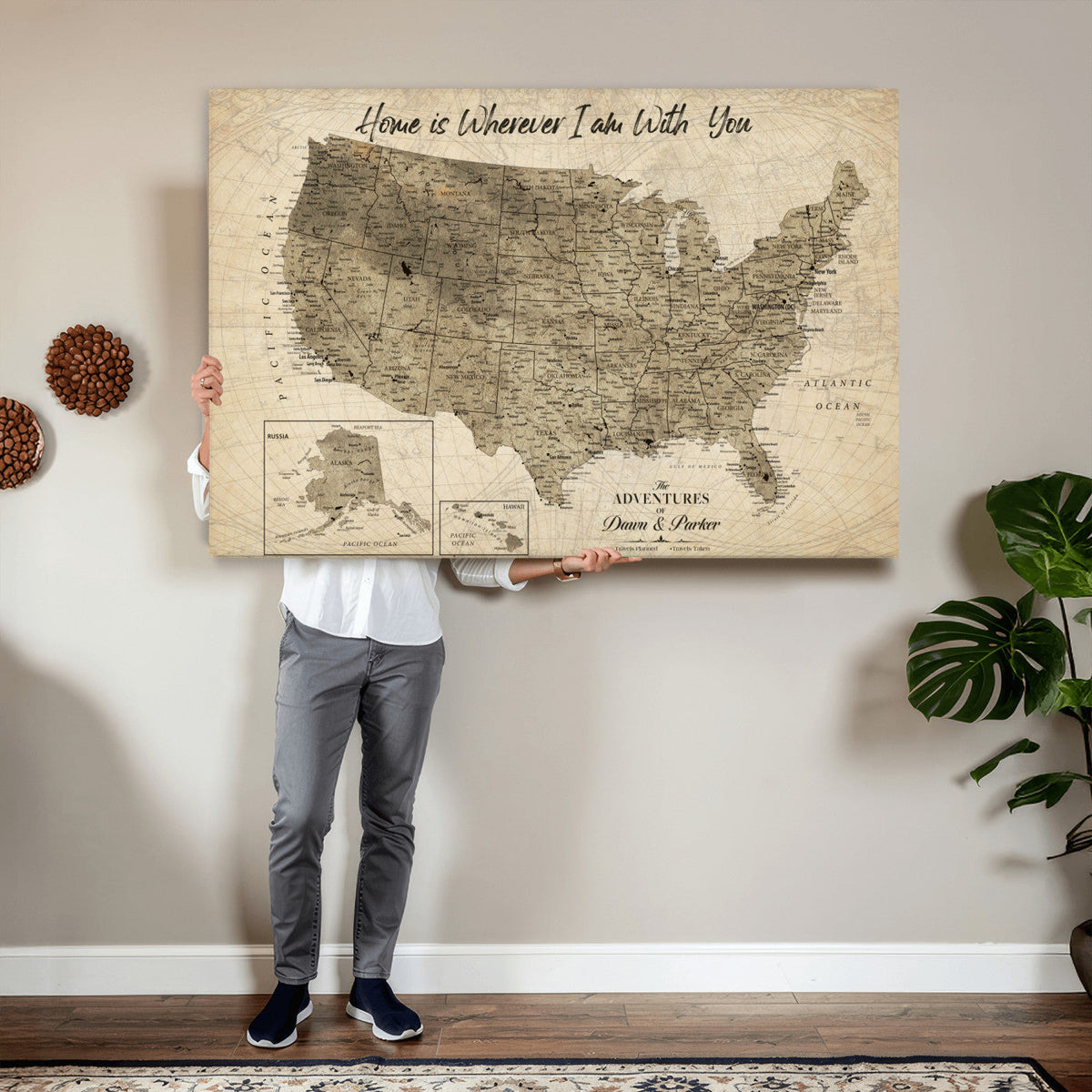 25440520-MGV-CV-36X24 - Detailed Personalized Push Pin United States Map Wall Art, States Visited Map, Office and Hallway Decor
