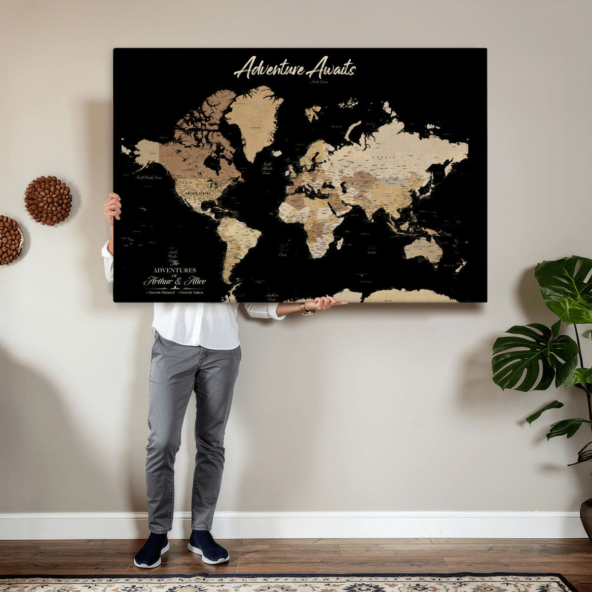 88415067-MGV-CV-36X24 - Custom Push Pin World Map Canvas Print | Personalized Travel Map Wall Art