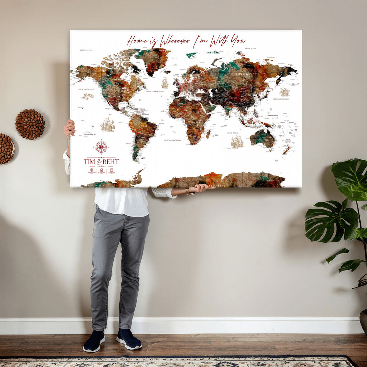 116MESUT-MGV-CV-36X24 - Custom Push Pin World Map Canvas Print | Personalized Travel Map Wall Art
