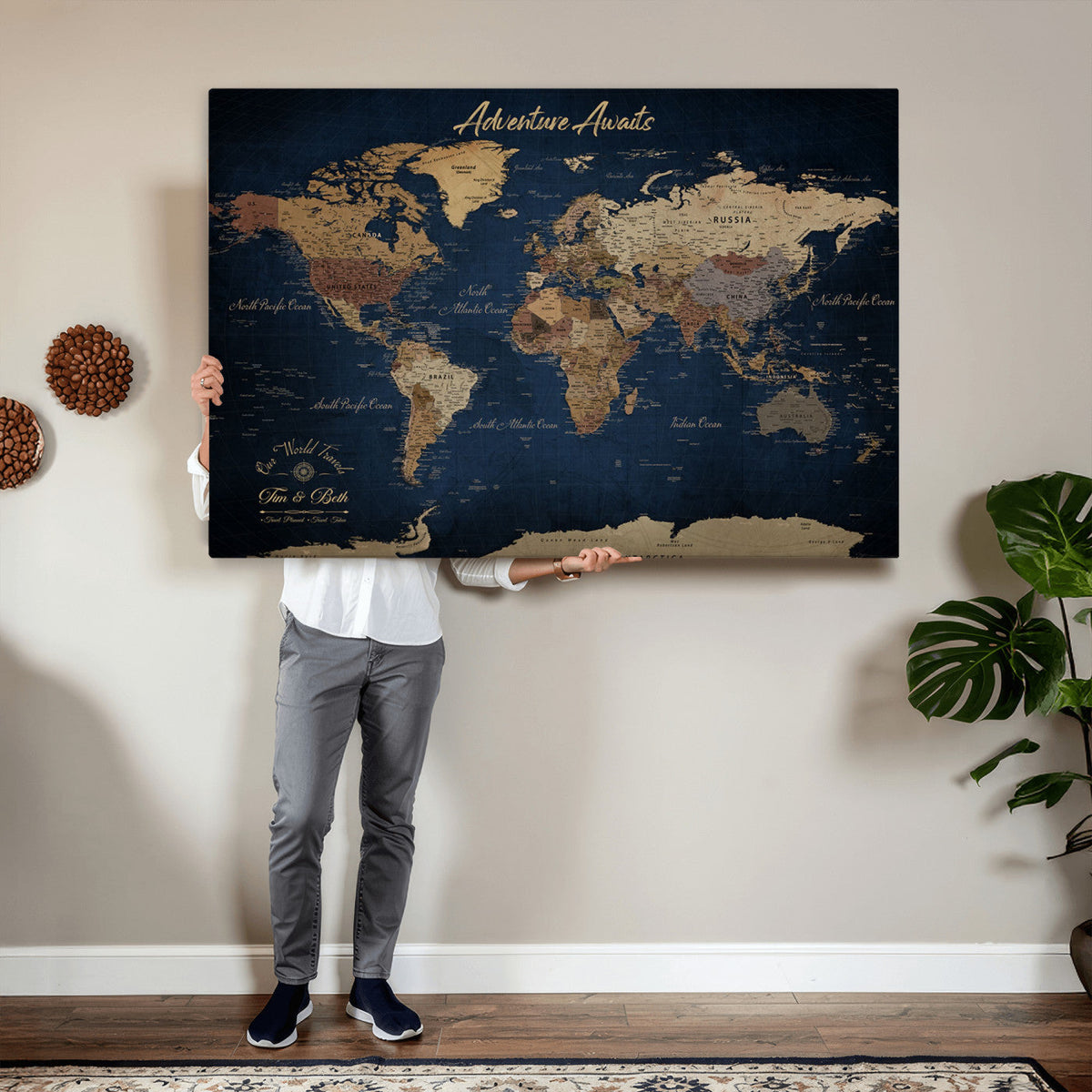 74477969-MGV-CV-36X24 - Custom Push Pin World Map Canvas | Personalized Travel Tracker | Wedding Anniversary Gift for Couples | Adventure Map Wall Art with Pins