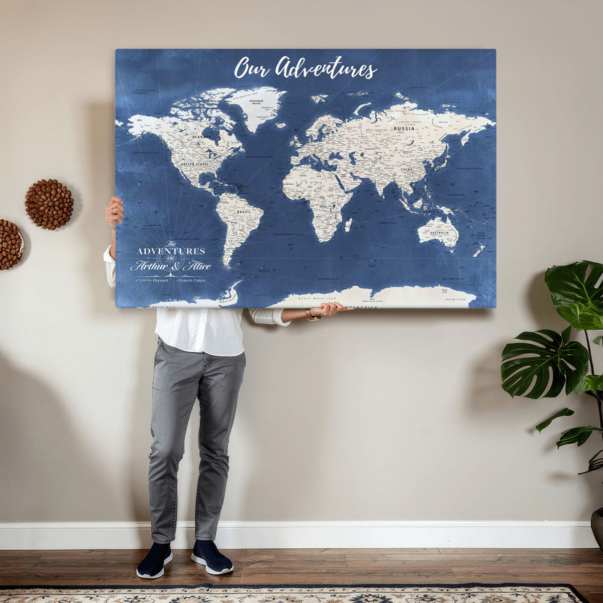 75405527-MGV-CV-36X24 - Extra Large Framed Personalize Push Pin World Map Wall Art Canvas Print for Travel Tracking - NEWMAP-113A