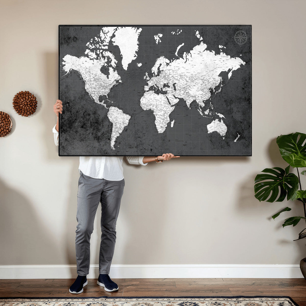 78574966-MGV-CV-36X24 - Extra Large Framed Personalize Push Pin World Map Wall Art Canvas Print for Travel Tracking - NEWMAP-128