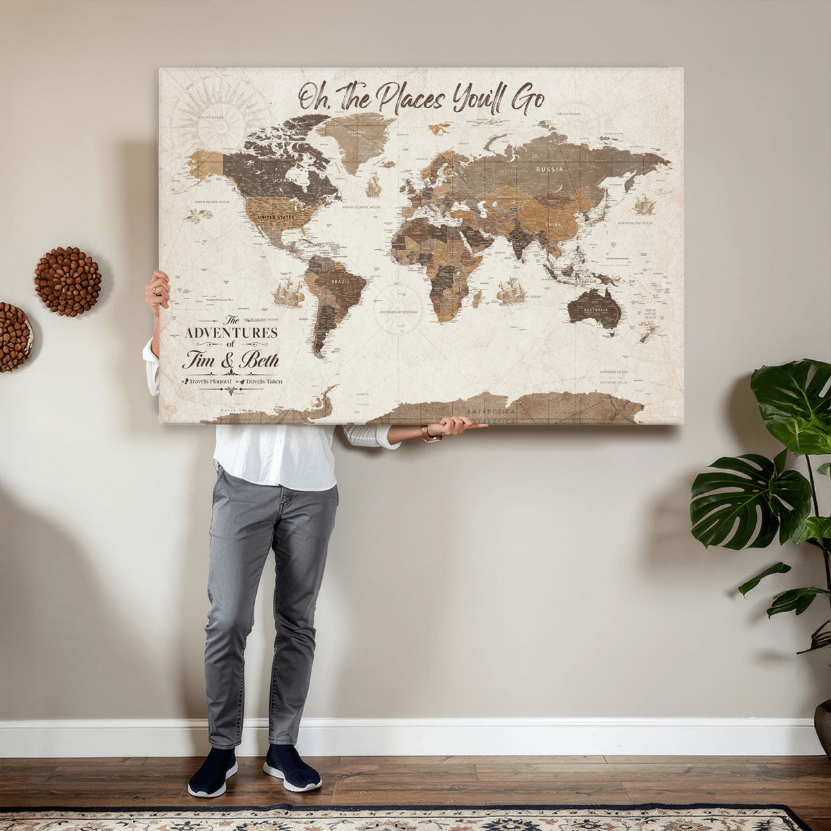 Personalized Beige Geometric Family Push Pin World Map Canvas Print, Honeymoon and Anniversary Gift, Living Room and Study Decor