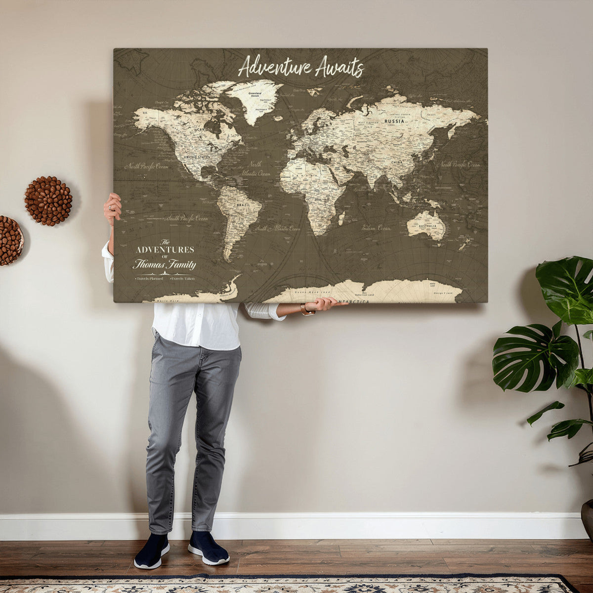 Personalized White Modern World Travel Map Wall Art with Pins, Honeymoon and Anniversary Gift, Living Room and Dining Room Decor