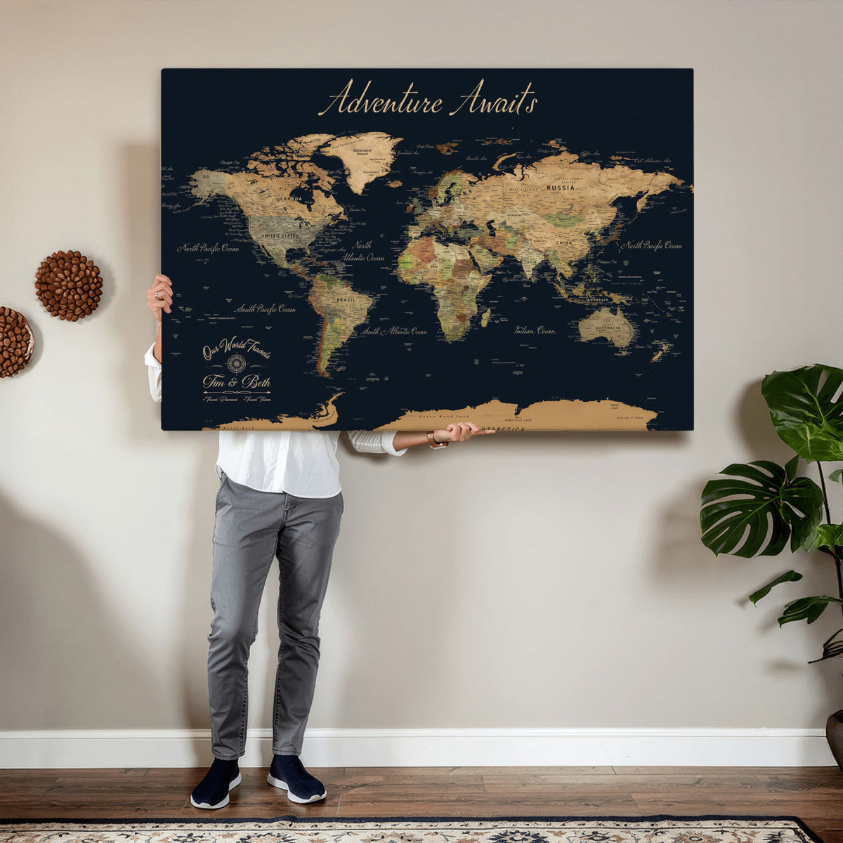 Custom Beige Push Pin World Map Wall Art, Family Travel Tracker, Home Office and Study Decor