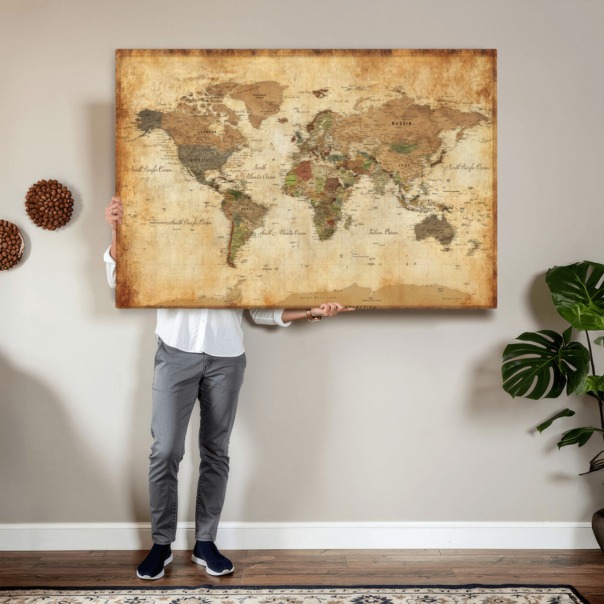26621467D-MGV-CV-36X24 - Custom Push Pin World Map Wall Art Canvas Print – Personalized Travel Tracker with Pins Framed Large for Home and Office Decor