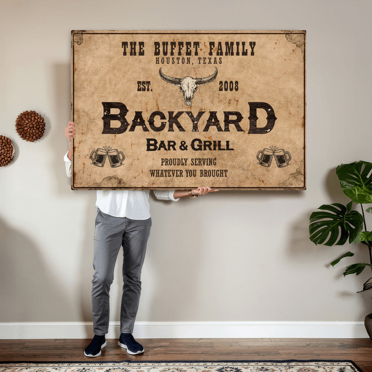 Custom Backyard Bar & Grill Sign Canvas, Personalized Family Name Sign