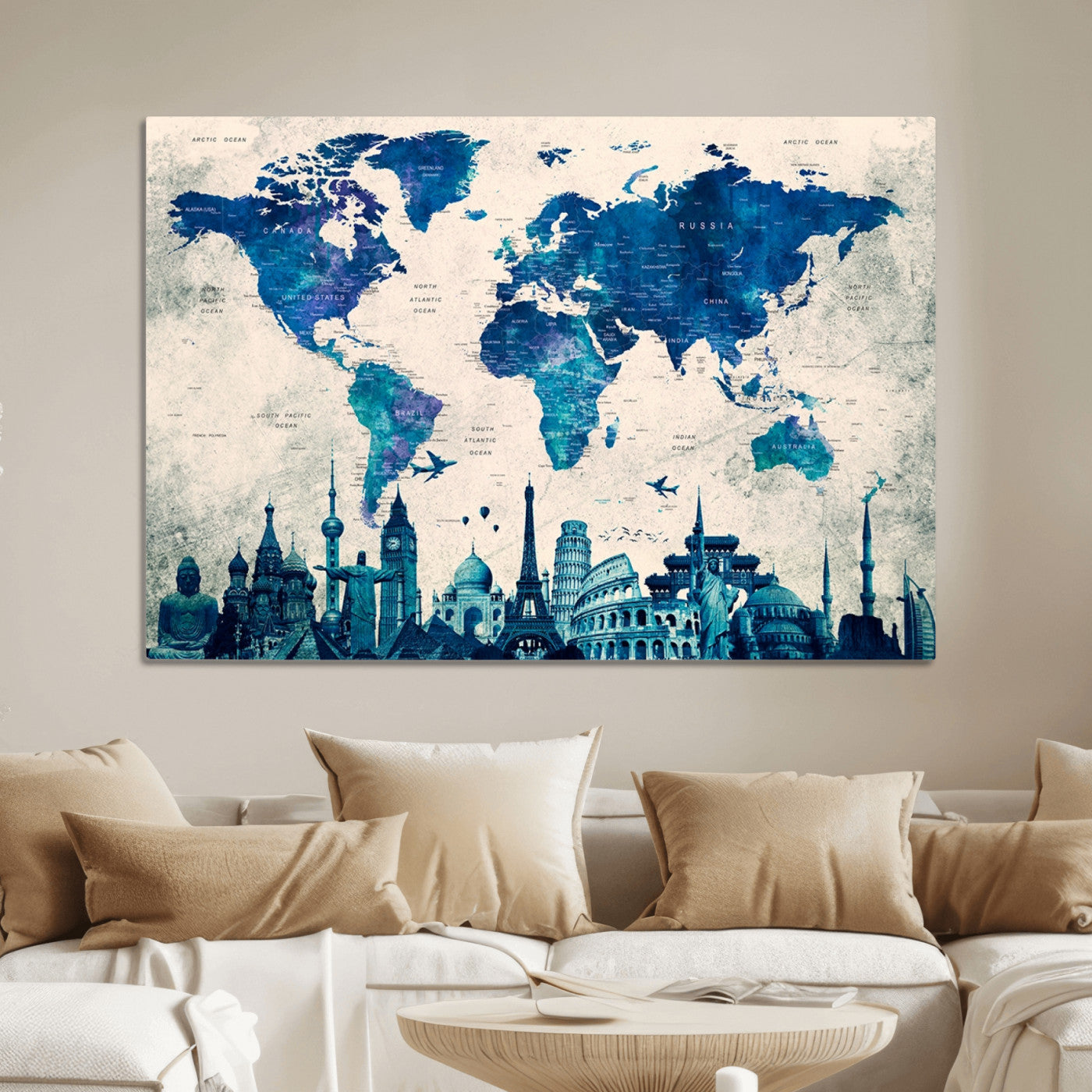 Navy Blue World Map Canvas Print, Wonder of World Map Push Pin Canvas Print