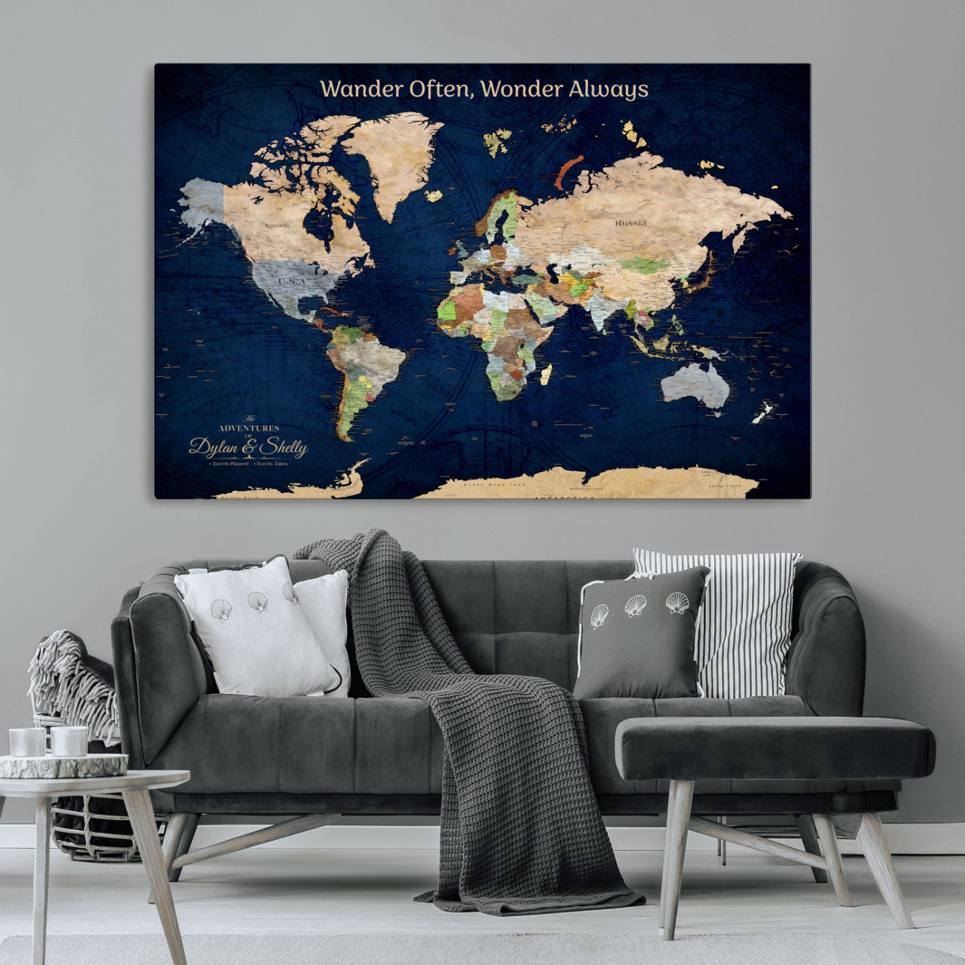 12399561-MGV-CV-30X20-Personalized World Map Print, Customizable Push Pin Framed World Map Print on Canvas - Custom Quote on Map Print