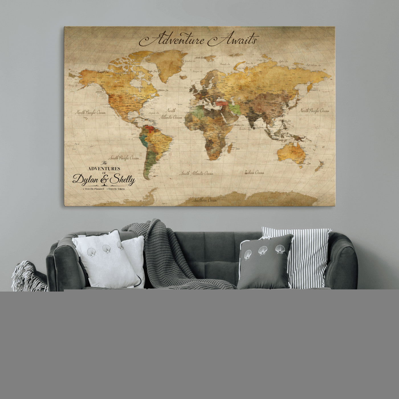 50298017-MGV-CV-36X24-Personalized World Map Print, Customizable Push Pin Framed World Map Print on Canvas - Custom Quote on Map Print