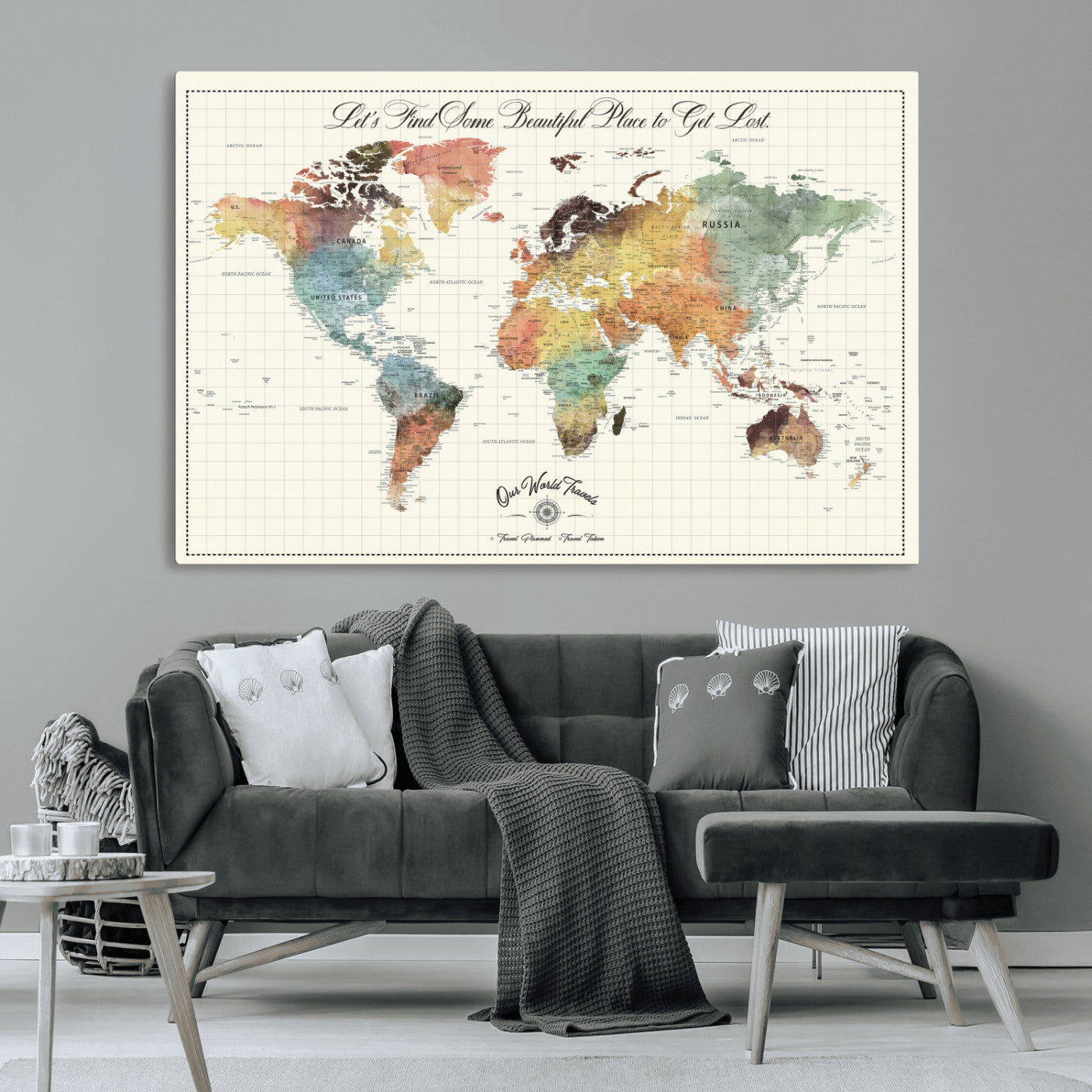 29289638-MGV-CV-36X24-Personalized World Map Print - Customizable Push Pin Framed World Map Print on Canvas - Custom Quote on Map Print