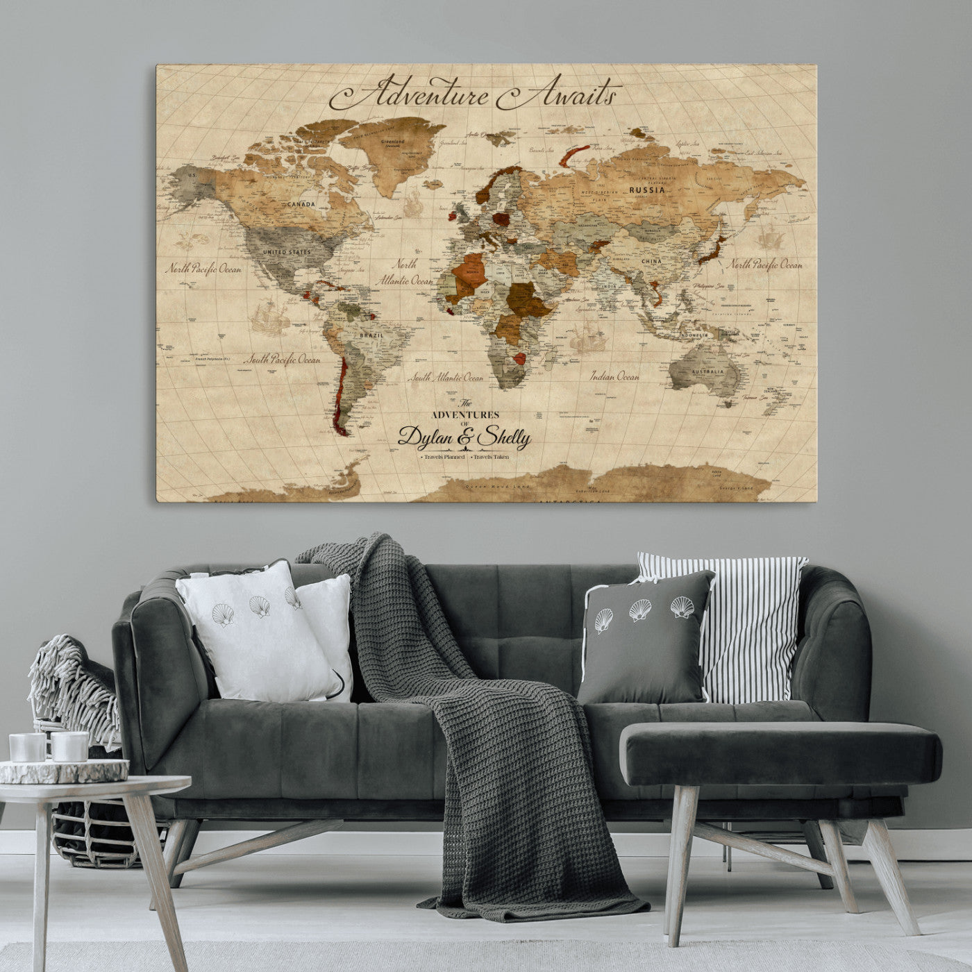 29054239-MGV-CV-36X24-Personalized World Map Print - Customizable Push Pin Framed World Map Print on Canvas - Custom Quote on Map Print