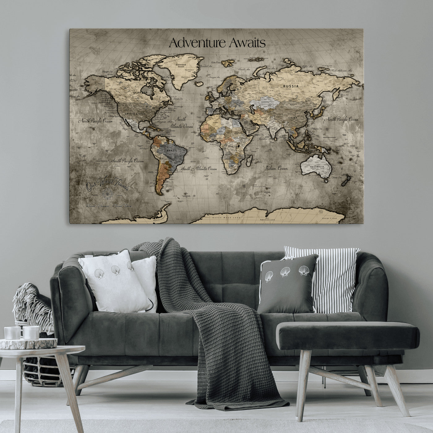 60740187-MGV-CV-36X24-Tree Rings Wall Art Canvas Print, Framed Wood Texture Art Picture Print, Blue Grain Perfect Rustic Modern Decor Artwork, Wood Texture Wall