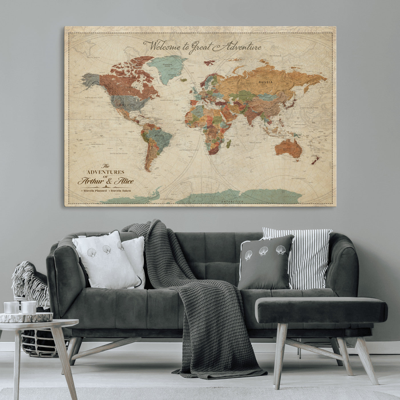 17587858-MGV-CV-36X24-Custom Push Pin World Map Wall Canvas Print – Personalized Travel Tracker with Pins – Framed Custom Quotie Canvas for Home Office Decor