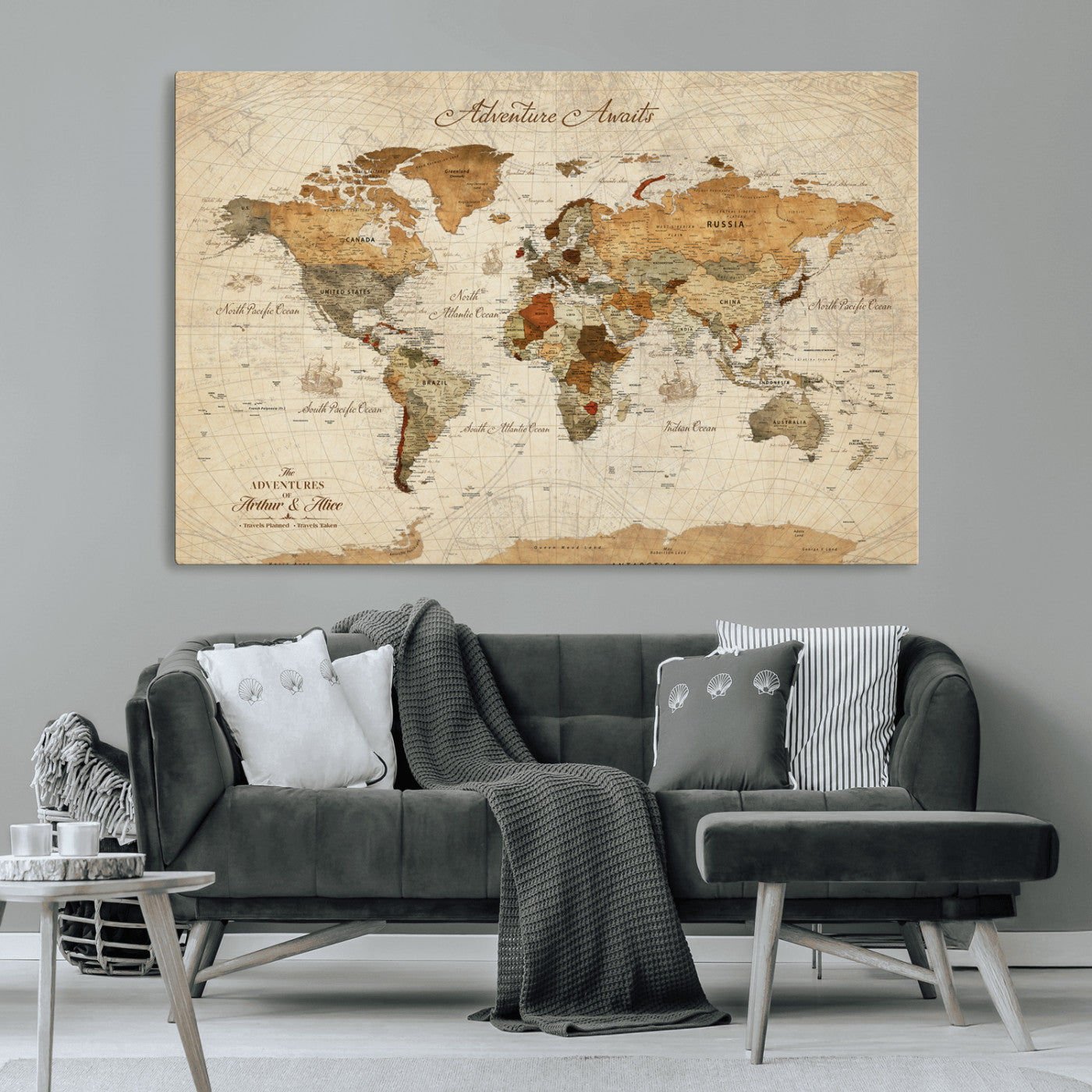64295326-MGV-CV-30X20-Custom Push Pin World Map Wall Canvas Print – Personalized Travel Tracker with Pins – Framed Custom Quotie Canvas for Home Office Decor
