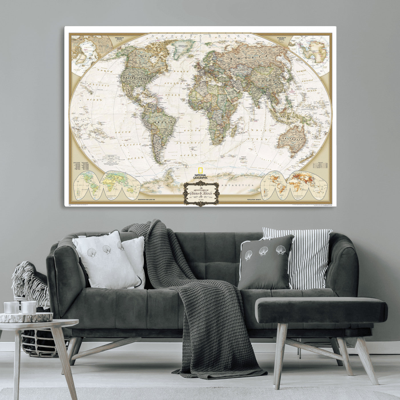 Custom Push Pin World Map Wall Art Canvas Print – Personalized National Geopraphic Map for Travel Plan – Framed Customize Animal Map for Stady Room Decor