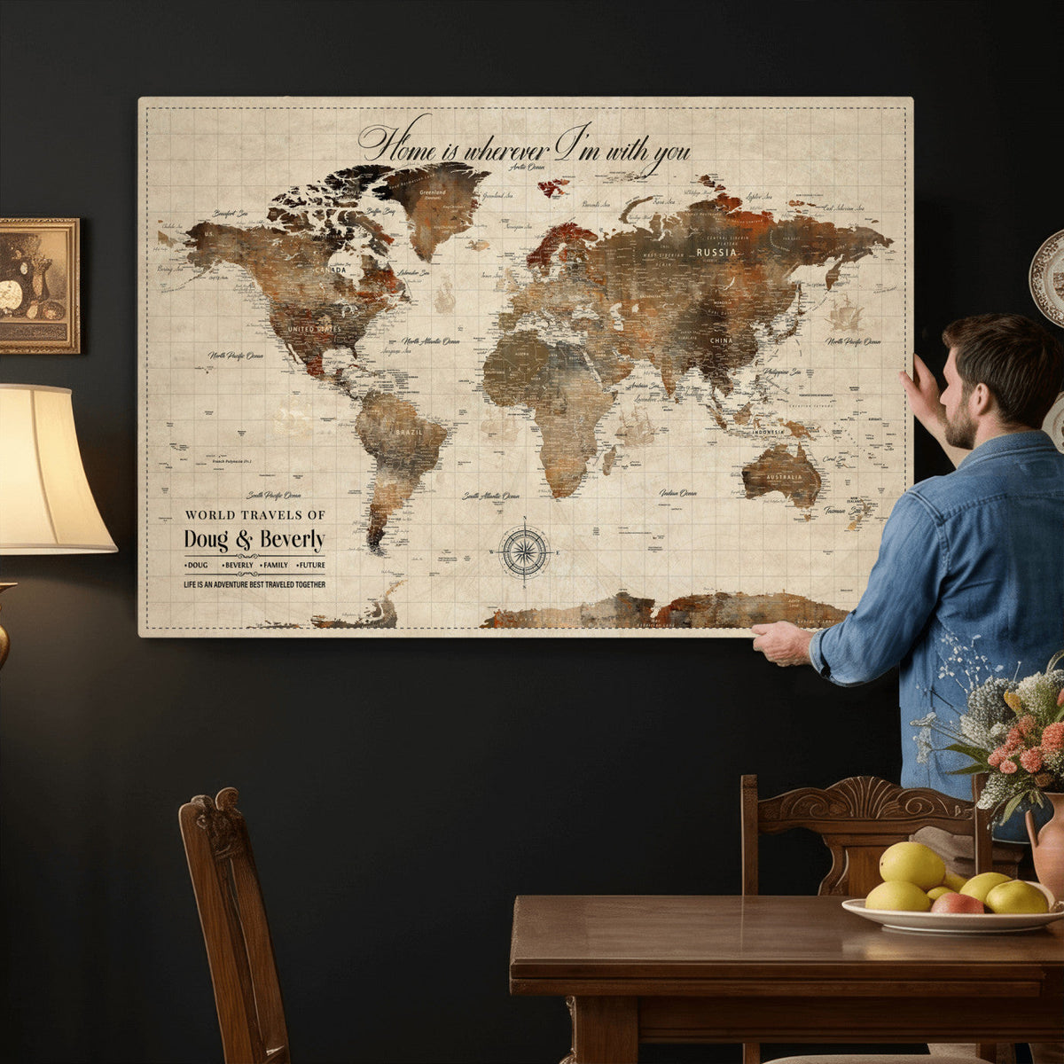 Large Custom Framed Beige Vintage World Travel Map Wall Art with Pins, Couples Countries Visited Map, Living Room and Hallway Decor