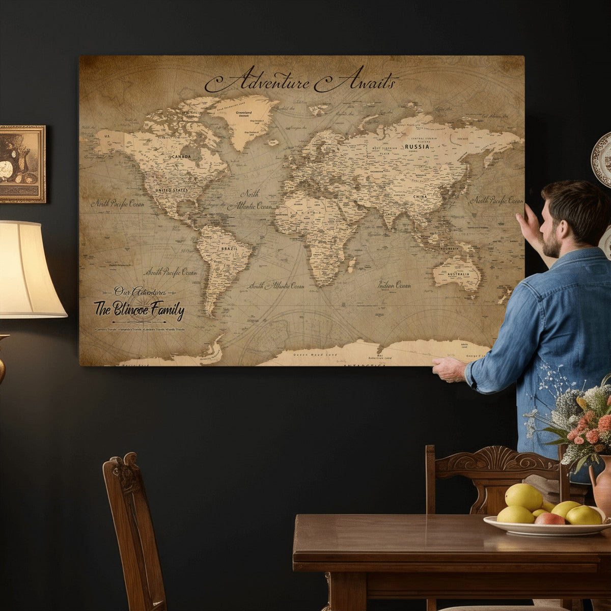 Personalized Framed Beige World Travel Map Wall Art with Pins, Family Travel Tracker, Family Room and Entryway Decor