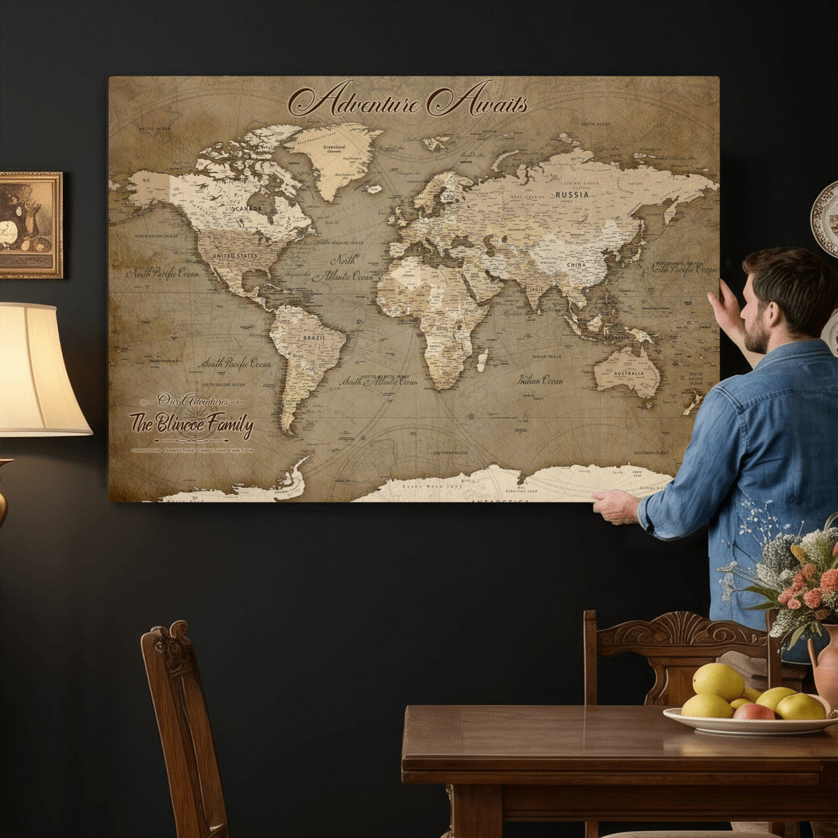 Custom Beige Modern Push Pin World Map Canvas Print, Family Travel Tracker, Dining Room and Home Office Decor