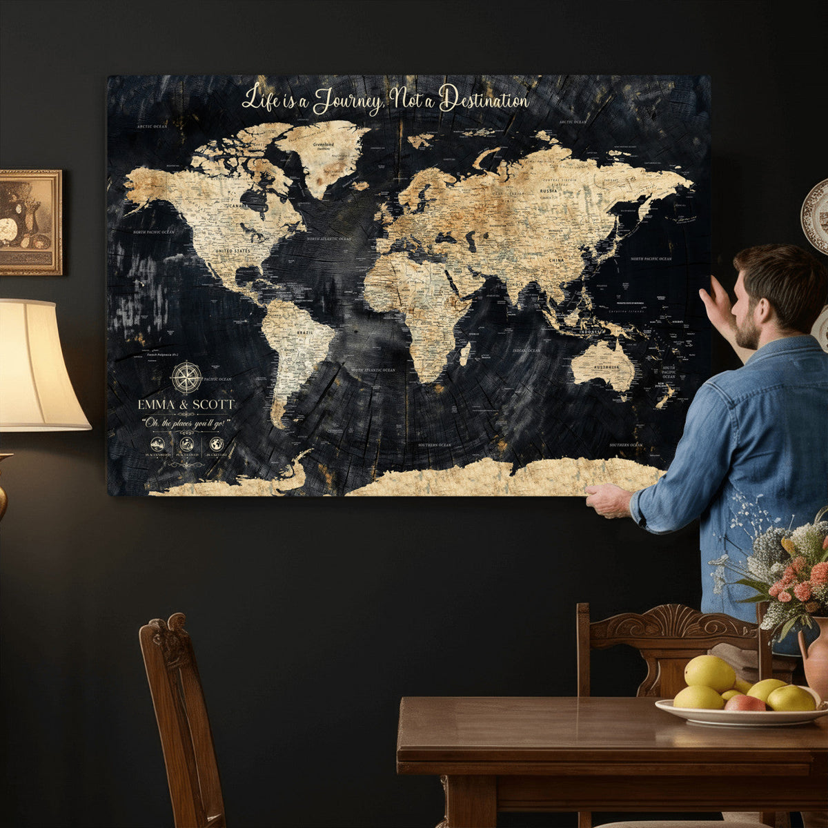 Personalized Framed Navy Modern Push Pin World Map Canvas Print, Couples Countries Visited Map, Family Room and Study Decor