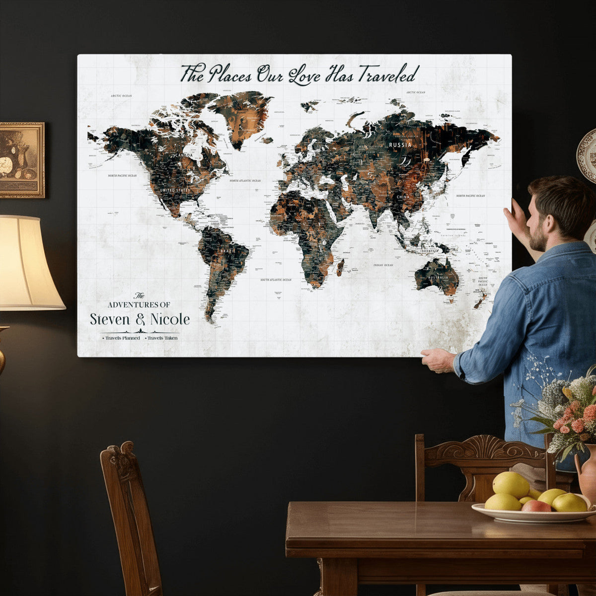 29090064-MGV-CV-36X24 - Custom Push Pin World Map Wall Art Canvas Print | Personalized Travel Tracker with Pins Framed Large for Home and Office Decor