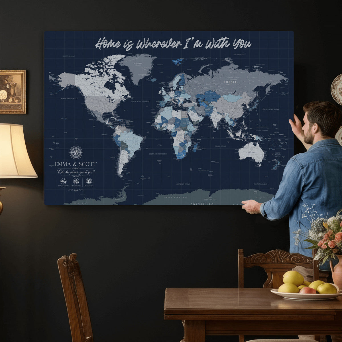 NEWMAP-18-MGV-CV-36X24 - Custom Push Pin World Map Wall Art Canvas Print | Personalized Travel Tracker with Pins Framed Large Print - NEWMAP-18