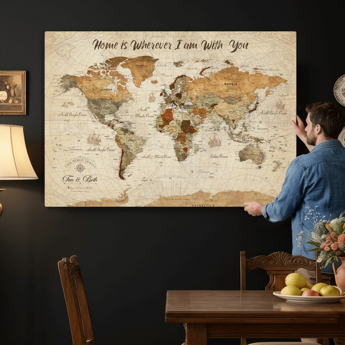 Personalized Framed Black Modern Push Pin World Map Wall Art, Couples Countries Visited Map, Dining Room and Hallway Decor