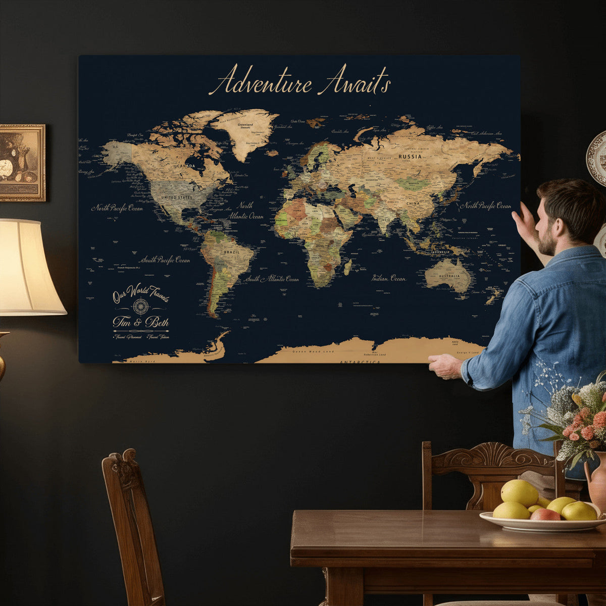 45739634-MGV-CV-36X24 - Custom Push Pin World Map Wall Art Canvas Print | Personalized Travel Tracker with Pins Framed Large for Home and Office Decor