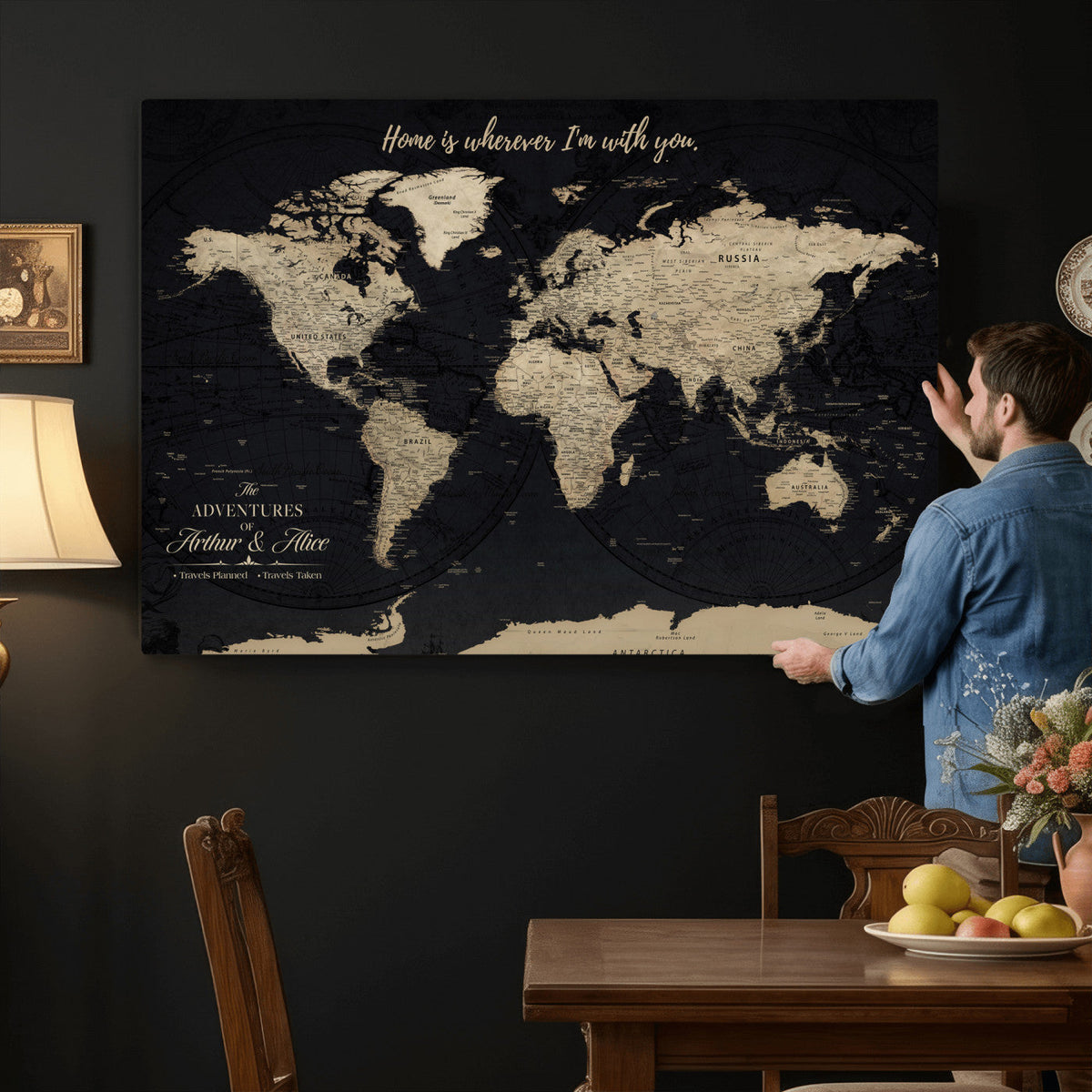 Personalized Framed Beige Modern Push Pin World Map Canvas Print, Places Visited Tracker, Family Room and Bedroom Decor